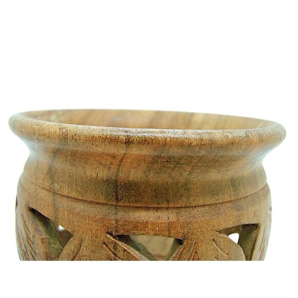 Handmade Hand Carved Wooden Bowl Trinket Dish Brown Round Shape Leaf Design 4x3 - Picture 5 of 11